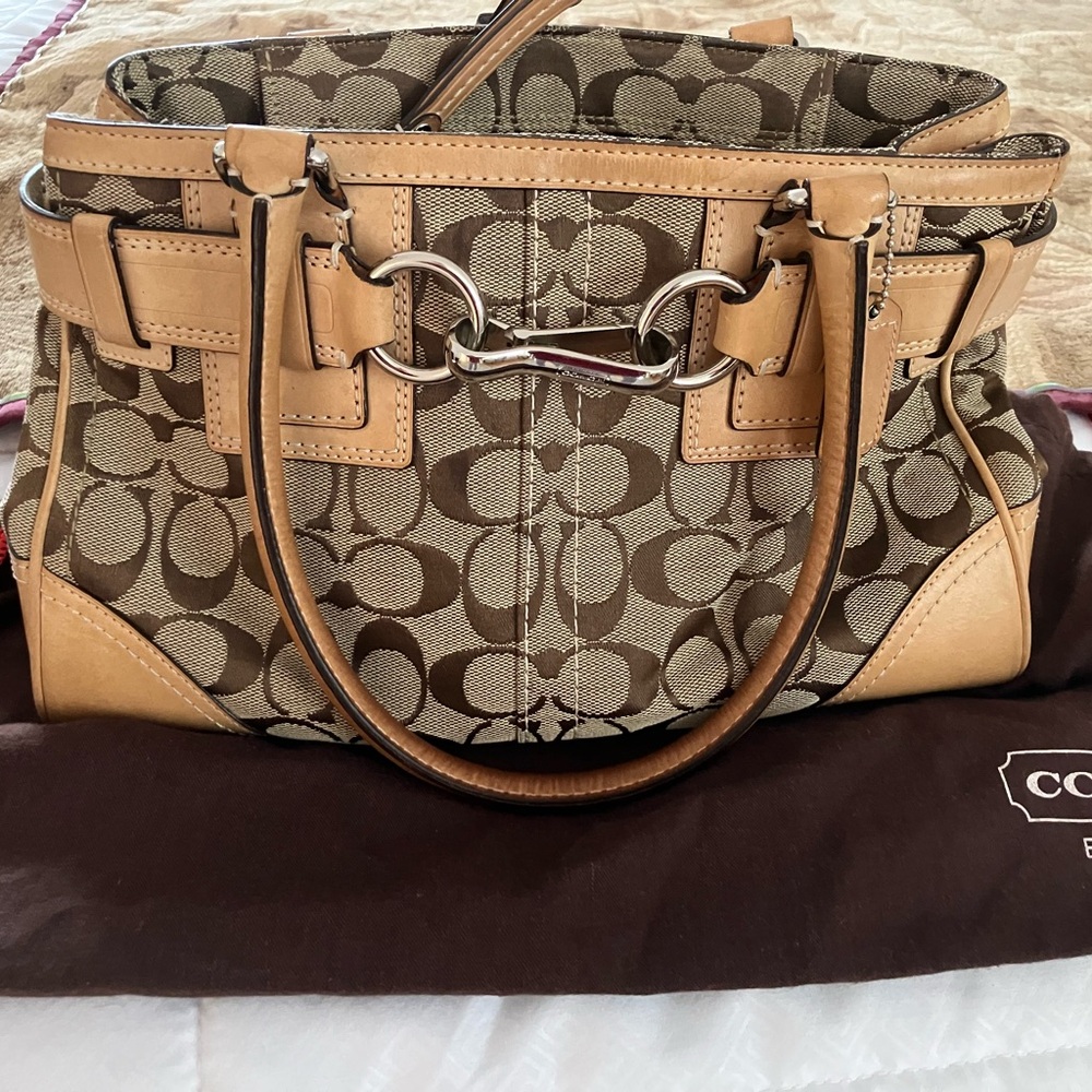 Women’s Coach Brown and Tan Shoulder Bag with Signature Monogram